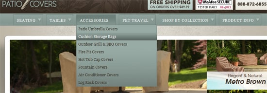 Для своего сайта Empire Patio Covers используют горизонтальную панель для навигации по товарам